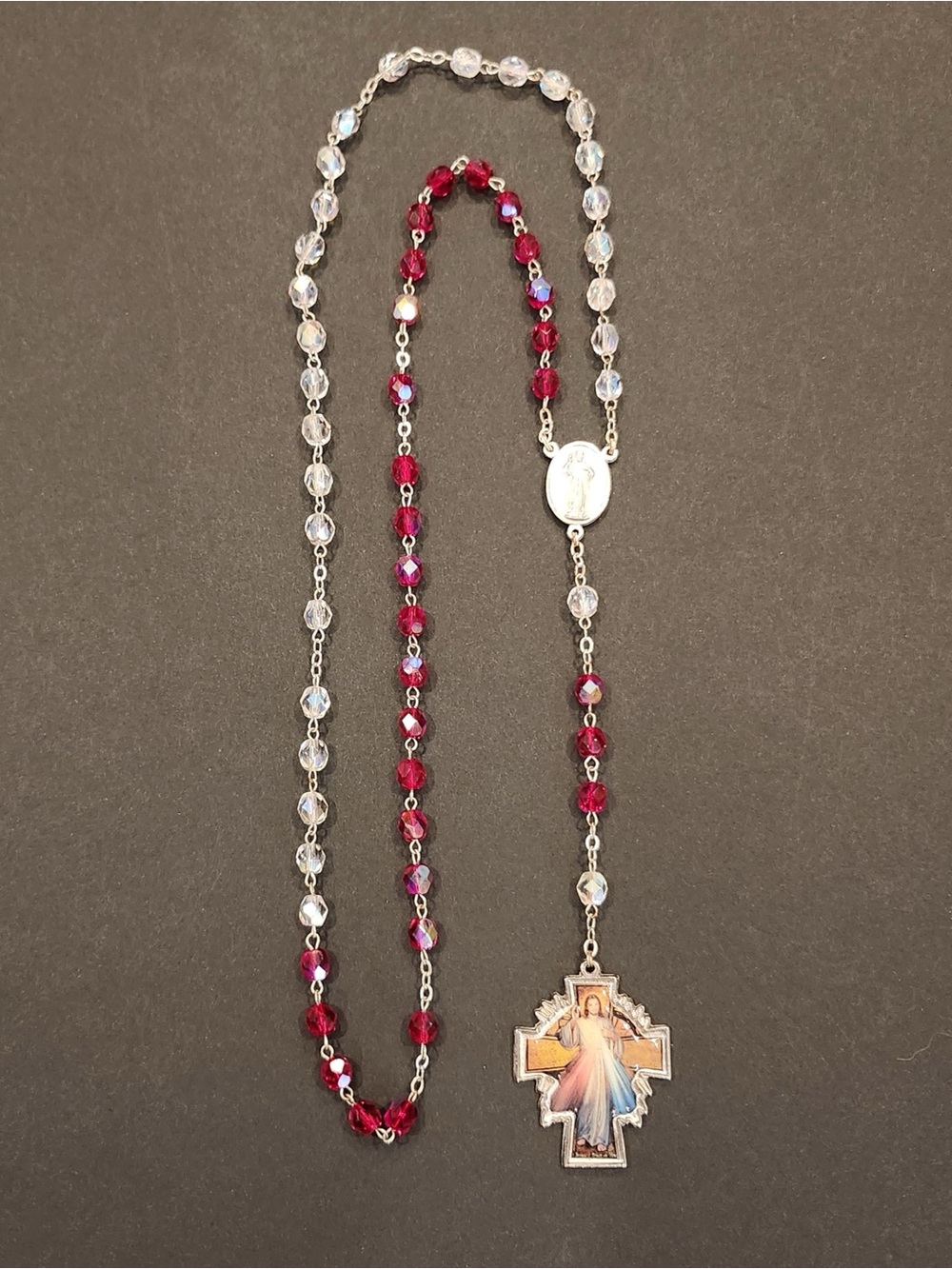 Divine Mercy Image Rosary Red & Clear Faceted Crystal St Faustina